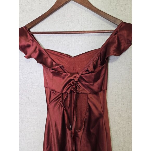 Lulus Rust Red Exuberant Luxury Satin Ruffled Lace Up Maxi Dress Size S - Picture 7 of 8